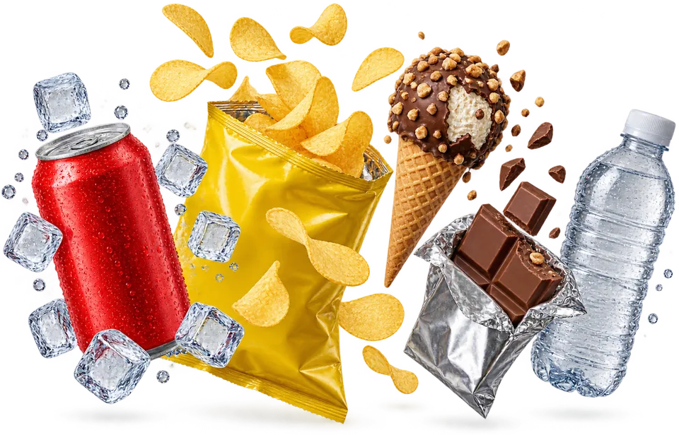Soğuk içecek, cips, dondurma, çikolata ve su
